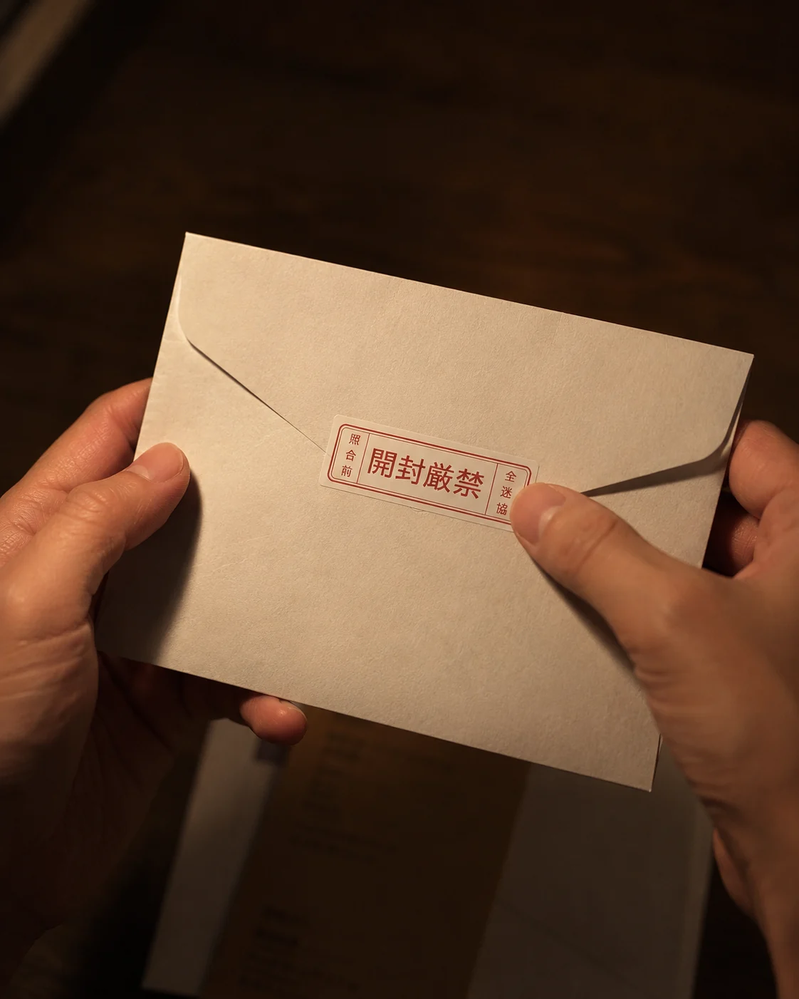 薄暗い部屋で、両手が一通の封筒を持っている。封じ目には「照合前　開封厳禁　全迷協」と刷られた臙脂色のシールが貼られ、右の親指がその端にかかっている。