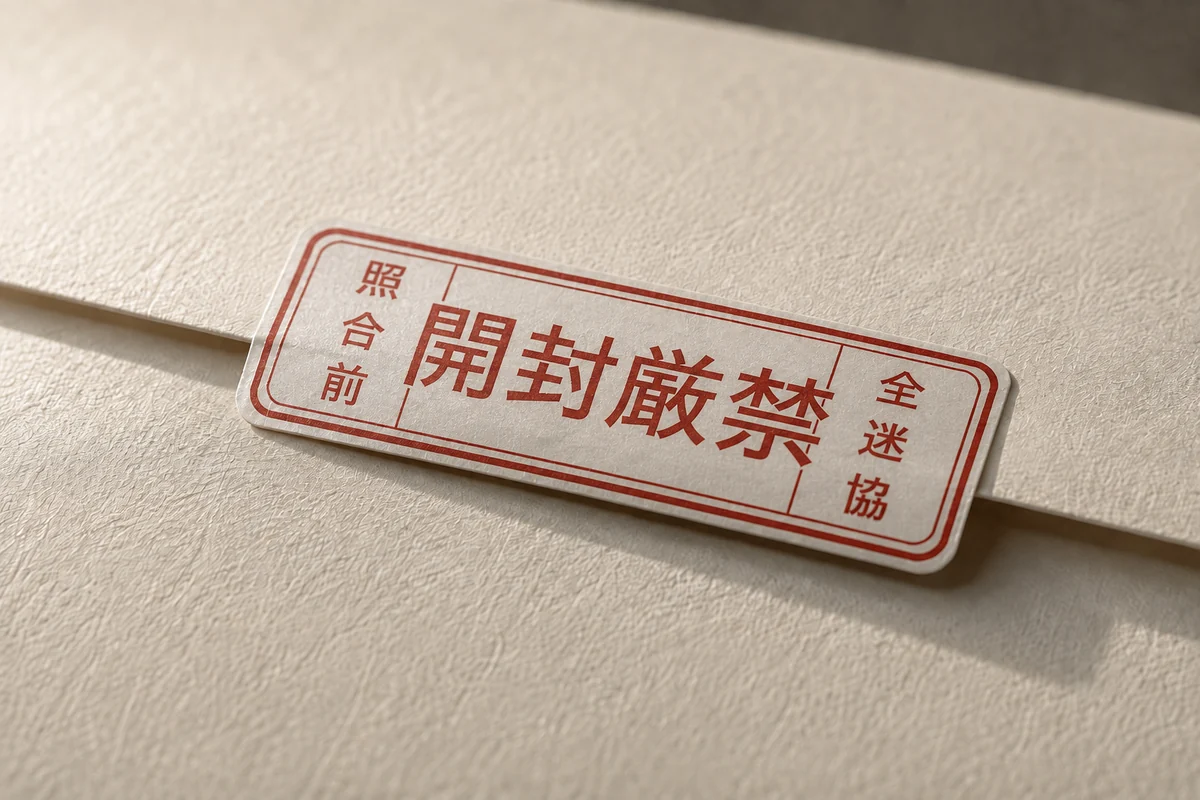 封筒の封じ目に貼られた、臙脂色の細長い封緘シール。「照合前　開封厳禁　全迷協」と刷られている。